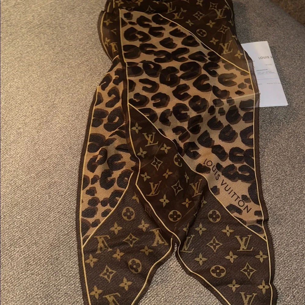 Louis Vuitton Brown & Tan Monogram Leopard Silk Scarf Wrap - Picture 2 of 8